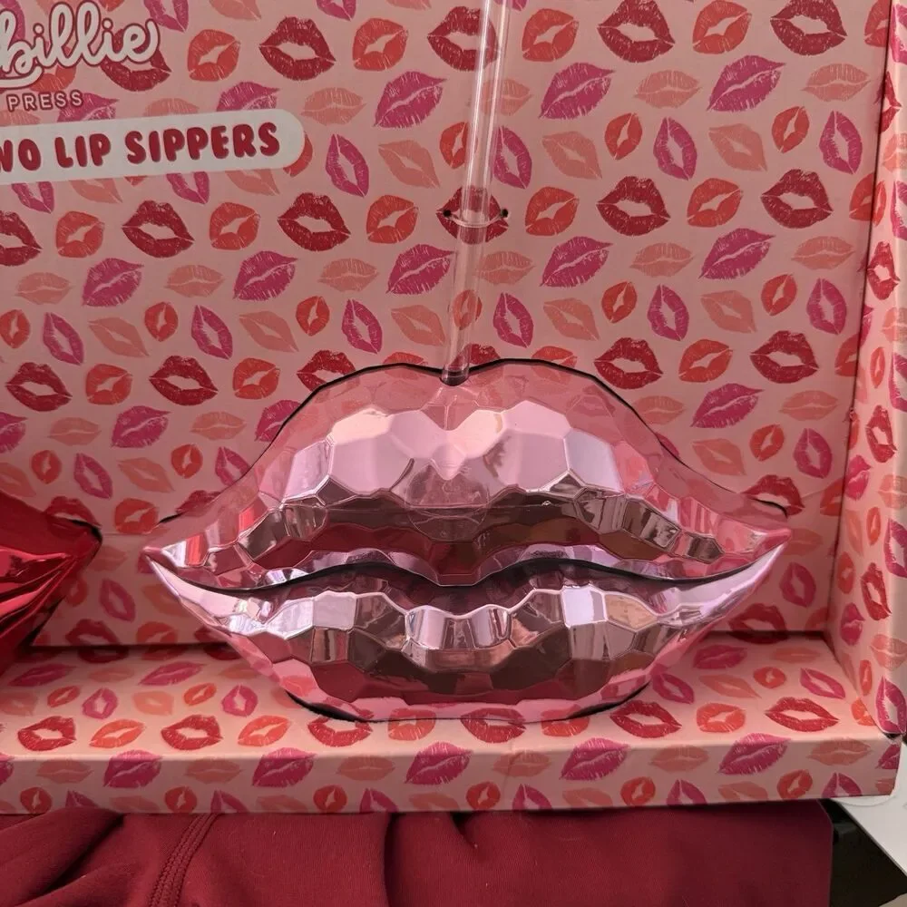 Jubillie Press Pink Red Lips Sippers W/ Straw Water Wine Juice Party NEW